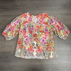 Johnny Was Wild Garden Puff Sleeve Button Front Blouse XL Cottagecore Coquette